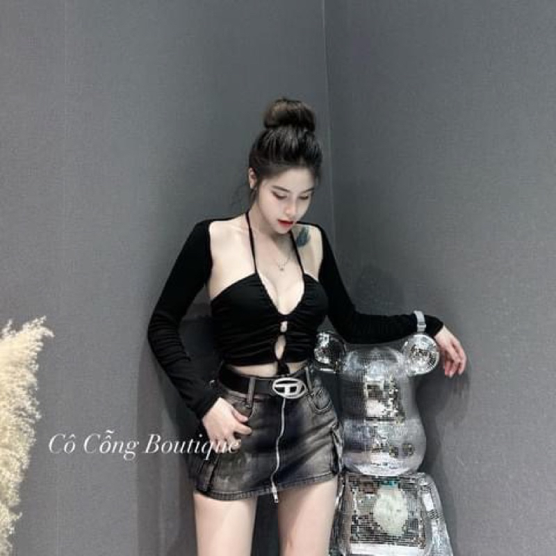 Chân váy ngắn jeans bò loang màu khóa trước túi hộp kèm belt D HiNa QCCC QCL1 CV0104 #9281