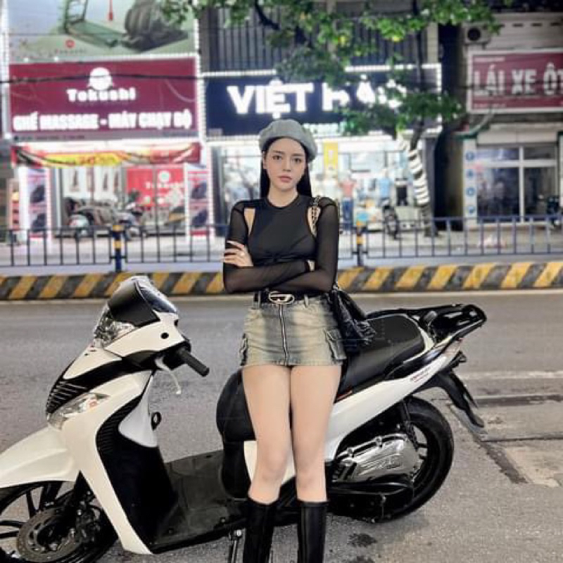 Chân váy ngắn jeans bò loang màu khóa trước túi hộp kèm belt D HiNa QCCC QCL1 CV0104 #9281