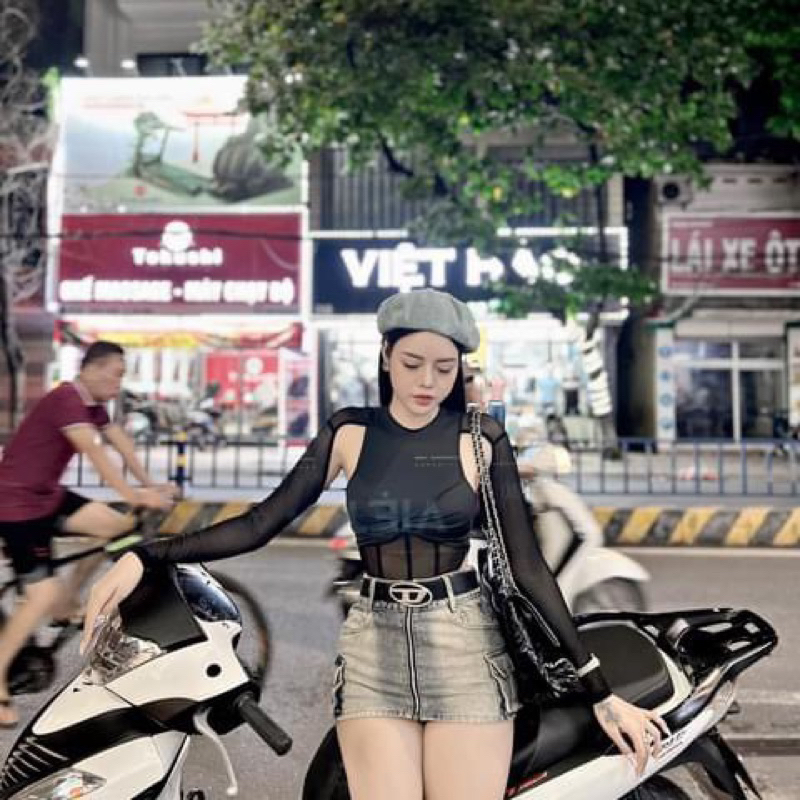 Chân váy ngắn jeans bò loang màu khóa trước túi hộp kèm belt D HiNa QCCC QCL1 CV0104 #9281