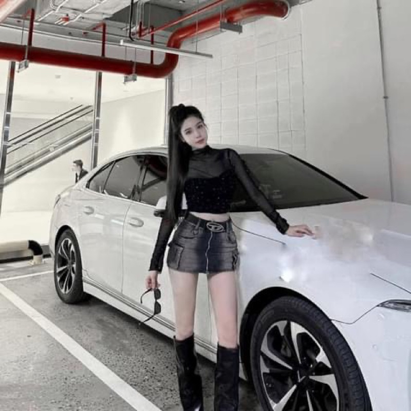 Chân váy ngắn jeans bò loang màu khóa trước túi hộp kèm belt D HiNa QCCC QCL1 CV0104 #9281