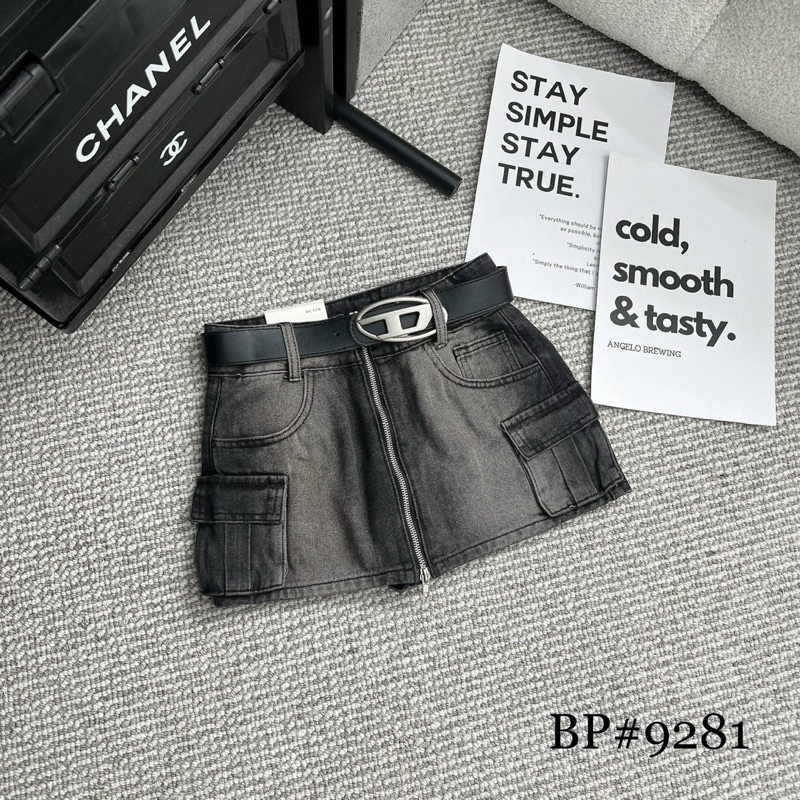 Chân váy ngắn jeans bò loang màu khóa trước túi hộp kèm belt D HiNa QCCC QCL1 CV0104 #9281