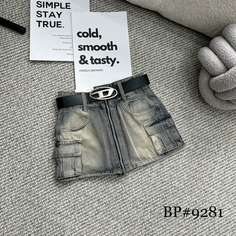 Chân váy ngắn jeans bò loang màu khóa trước túi hộp kèm belt D HiNa QCCC QCL1 CV0104 #9281