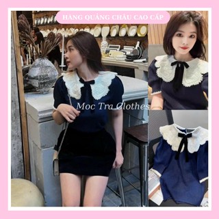 Áo len nữ Quảng Châu phối cổ bèo ren thêu đính nơ cổ tiểu thư, Áo kiểu nữ thu đông rẻ đẹp trẻ trung