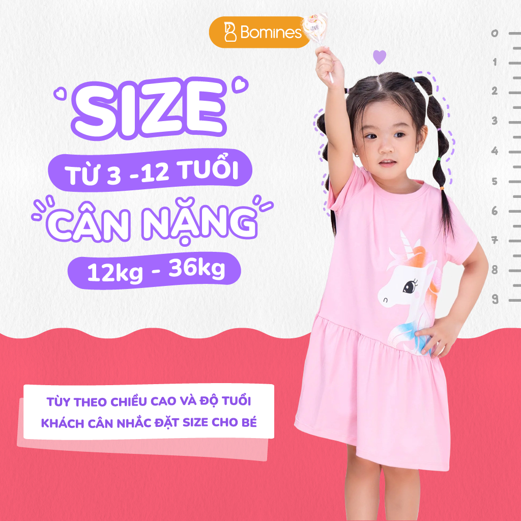 Váy bé gái Unicorn BOMINES, thun cotton thoáng mát cho bé 3- 13 tuổi, 12- 36kg DAMTAYNGANUNICORN