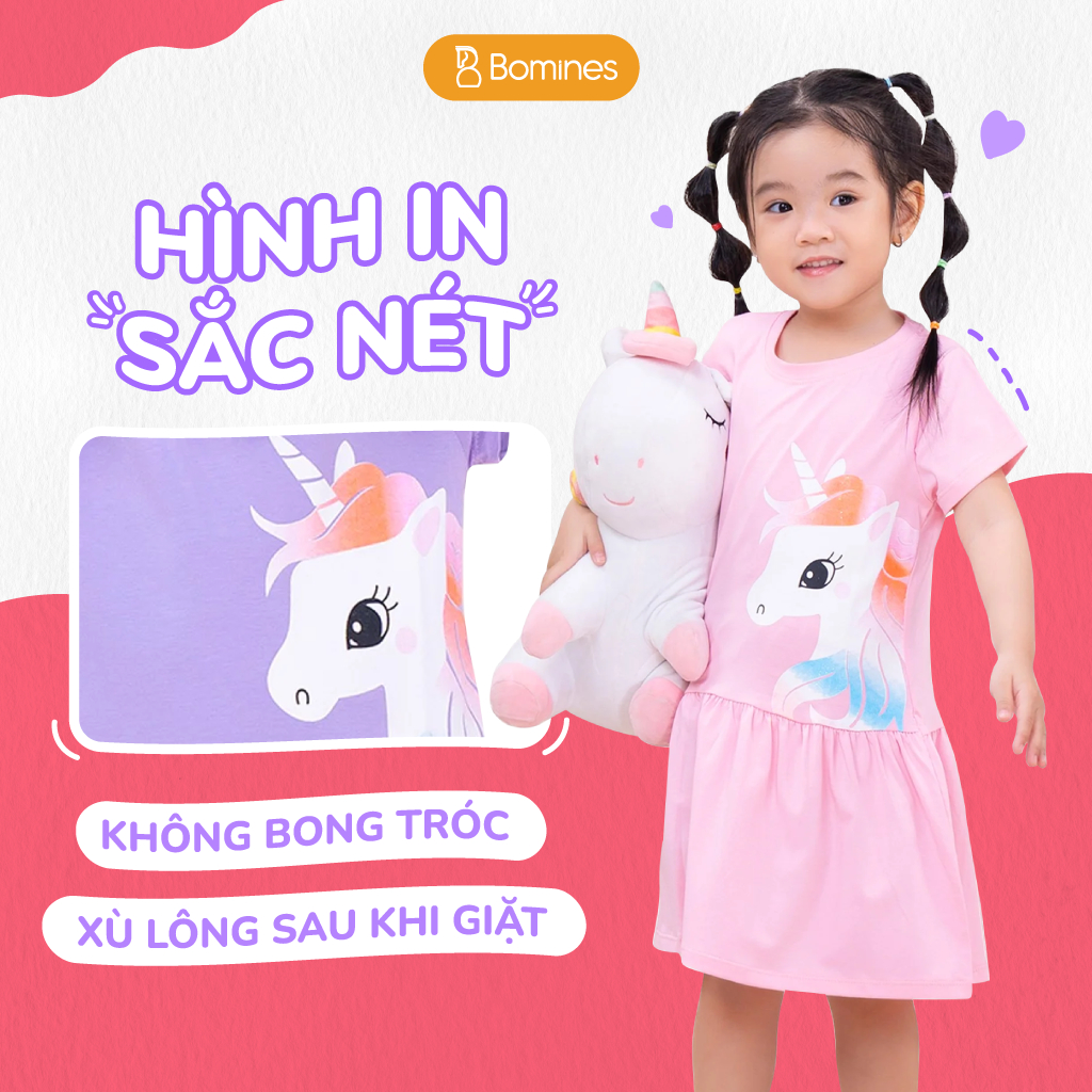 Váy bé gái Unicorn BOMINES, thun cotton thoáng mát cho bé 3- 13 tuổi, 12- 36kg DAMTAYNGANUNICORN