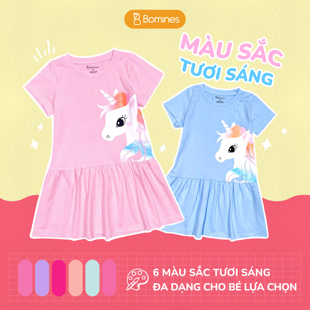 Váy bé gái Unicorn BOMINES, thun cotton thoáng mát cho bé 3- 13 tuổi, 12- 36kg DAMTAYNGANUNICORN