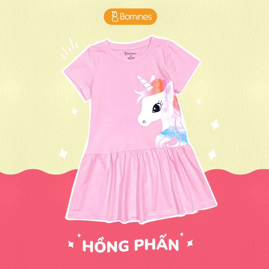 Váy bé gái Unicorn BOMINES, thun cotton thoáng mát cho bé 3- 13 tuổi, 12- 36kg DAMTAYNGANUNICORN