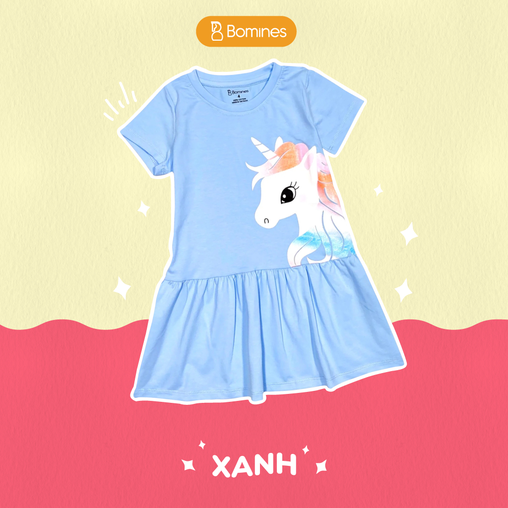 Váy bé gái Unicorn BOMINES, thun cotton thoáng mát cho bé 3- 13 tuổi, 12- 36kg DAMTAYNGANUNICORN