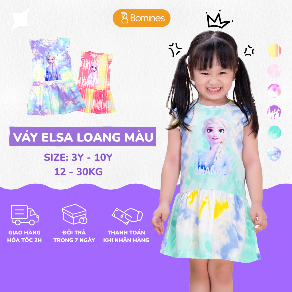 Váy bé gái công chúa Elsa BOMINES, loang màu xinh xắn cho bé từ 3-10 tuổi khoảng 12- 30kg DTNELSALOANGMAU
