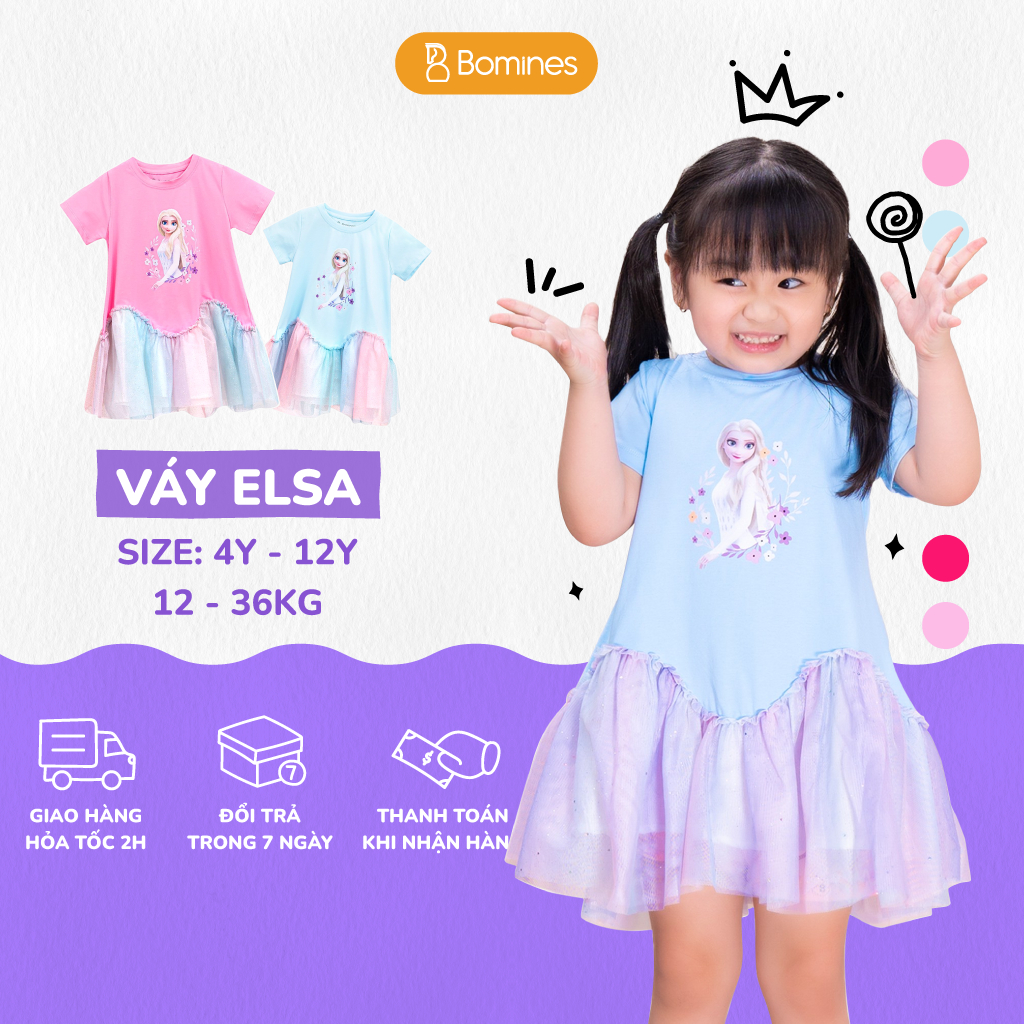 Váy cho bé gái công chúa Elsa BOMINES, thun cotton thoáng mát cho bé 4- 12 tuổi, 14- 36kg DAMPHOILUOILUONSONGELSA