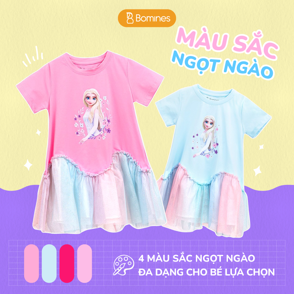 Váy cho bé gái công chúa Elsa BOMINES, thun cotton thoáng mát cho bé 4- 12 tuổi, 14- 36kg DAMPHOILUOILUONSONGELSA