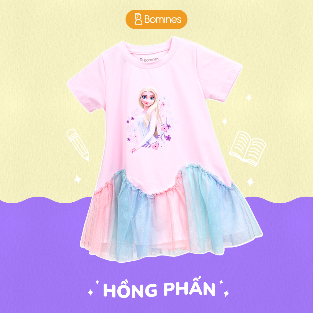 Váy cho bé gái công chúa Elsa BOMINES, thun cotton thoáng mát cho bé 4- 12 tuổi, 14- 36kg DAMPHOILUOILUONSONGELSA