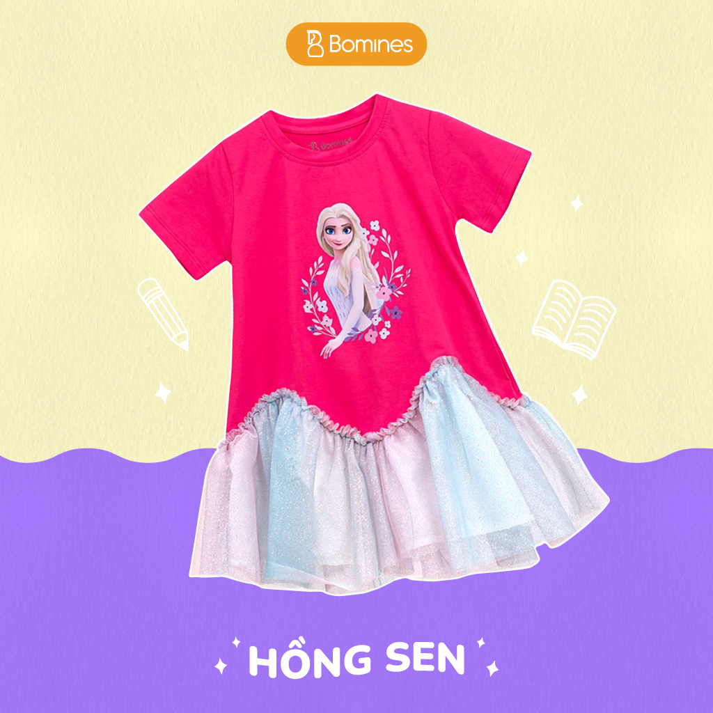 Váy cho bé gái công chúa Elsa BOMINES, thun cotton thoáng mát cho bé 4- 12 tuổi, 14- 36kg DAMPHOILUOILUONSONGELSA