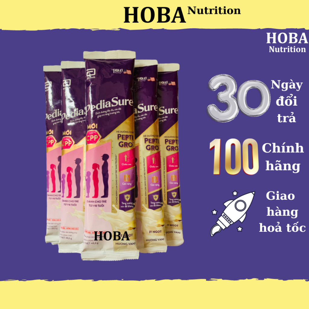 Sữa gói Pediasure 48.6g Hương Vani, Vani Ít ngọt - Hàng chính hãng