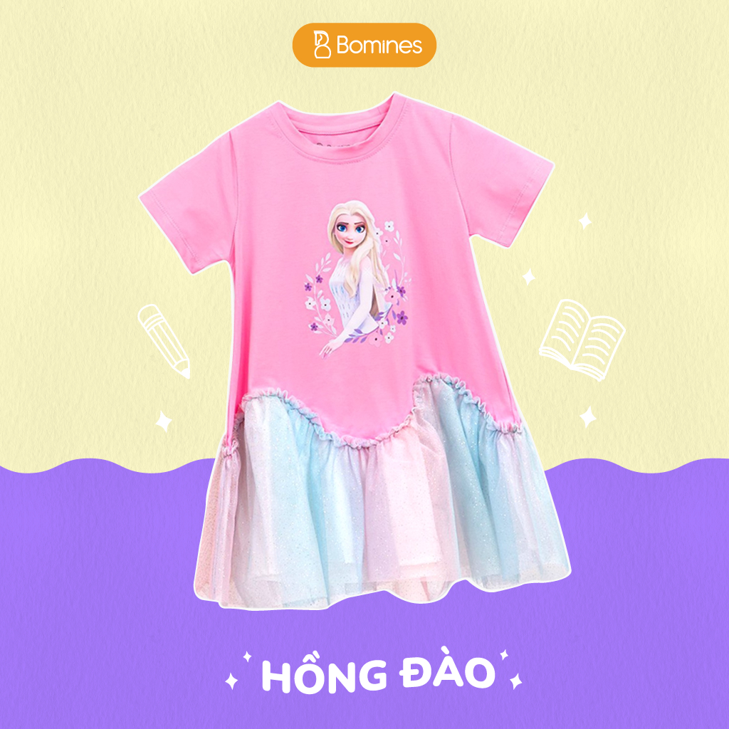Váy cho bé gái công chúa Elsa BOMINES, thun cotton thoáng mát cho bé 4- 12 tuổi, 14- 36kg DAMPHOILUOILUONSONGELSA