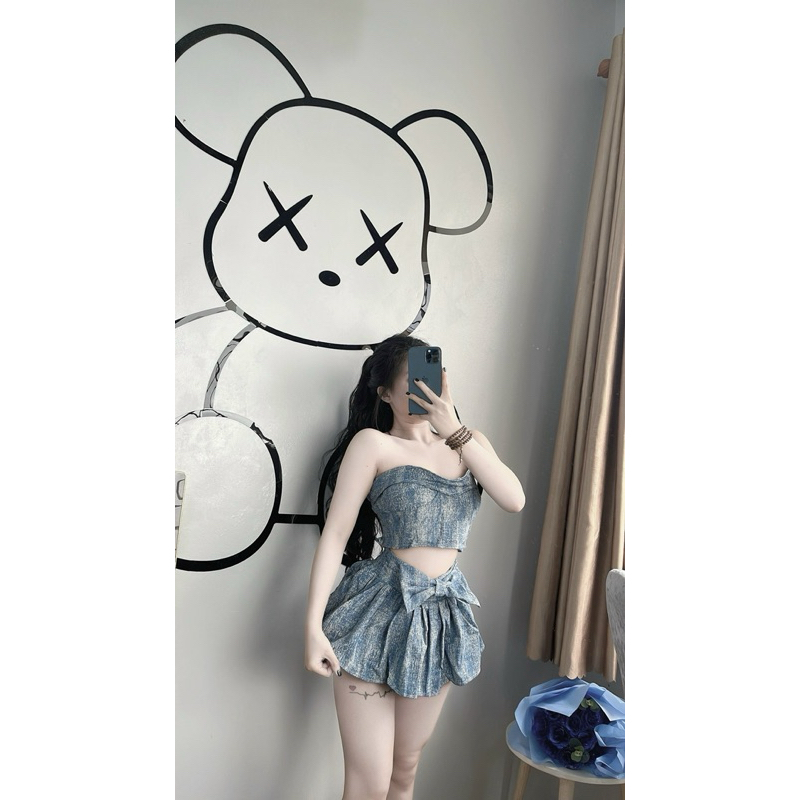 Set Đầm Jean Wass Áo Thun Tàu Hàng Thiết Kế Chuẩn Dáng Ngắn