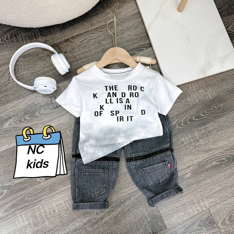 Set áo trắng loang quần jean xám 2 túi bé trai