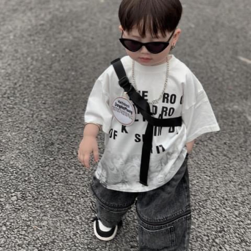 Set áo trắng loang quần jean xám 2 túi bé trai