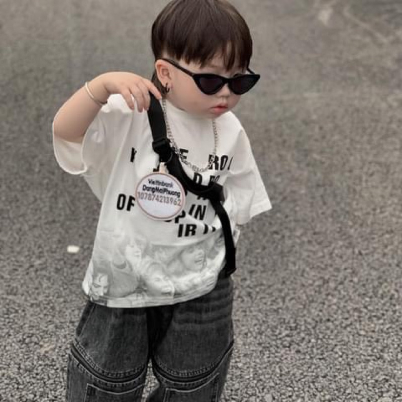 Set áo trắng loang quần jean xám 2 túi bé trai