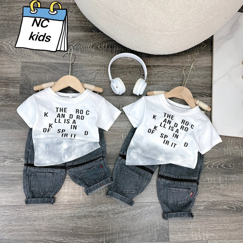 Set áo trắng loang quần jean xám 2 túi bé trai