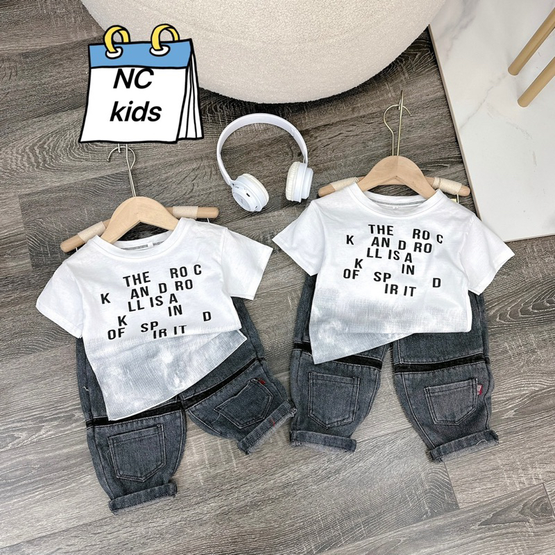 Set áo trắng loang quần jean xám 2 túi bé trai