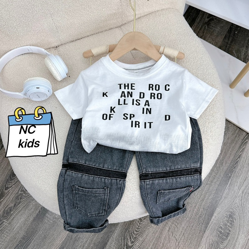 Set áo trắng loang quần jean xám 2 túi bé trai