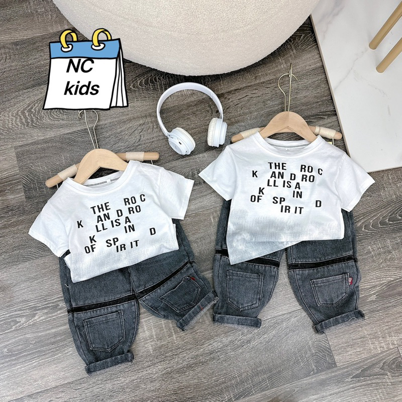 Set áo trắng loang quần jean xám 2 túi bé trai