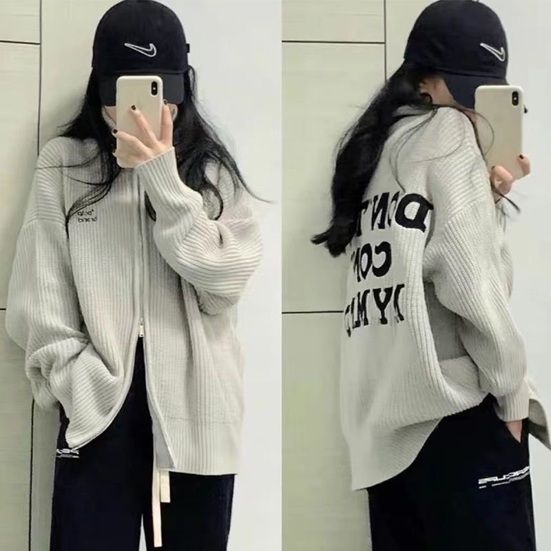 Áo Khoác Len Tăm Khóa Kéo Màu Xám Form Rộng Style Hàn Unisex Thời Trang Thu Đông 2023