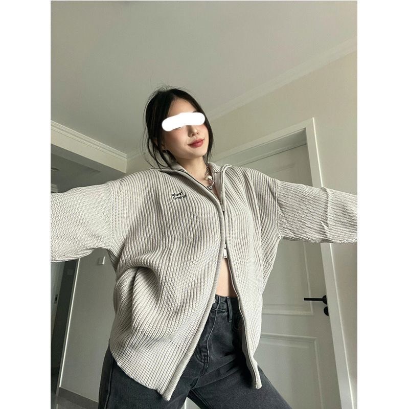 Áo Khoác Len Tăm Khóa Kéo Màu Xám Form Rộng Style Hàn Unisex Thời Trang Thu Đông 2023