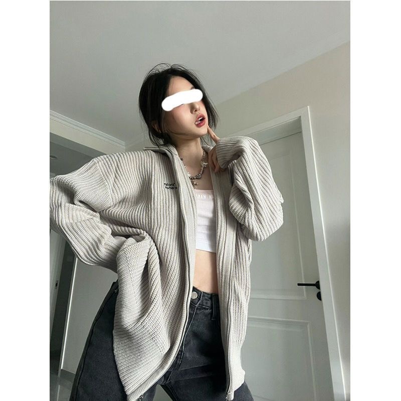 Áo Khoác Len Tăm Khóa Kéo Màu Xám Form Rộng Style Hàn Unisex Thời Trang Thu Đông 2023