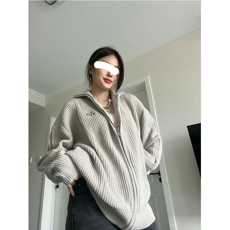 Áo Khoác Len Tăm Khóa Kéo Màu Xám Form Rộng Style Hàn Unisex Thời Trang Thu Đông 2023