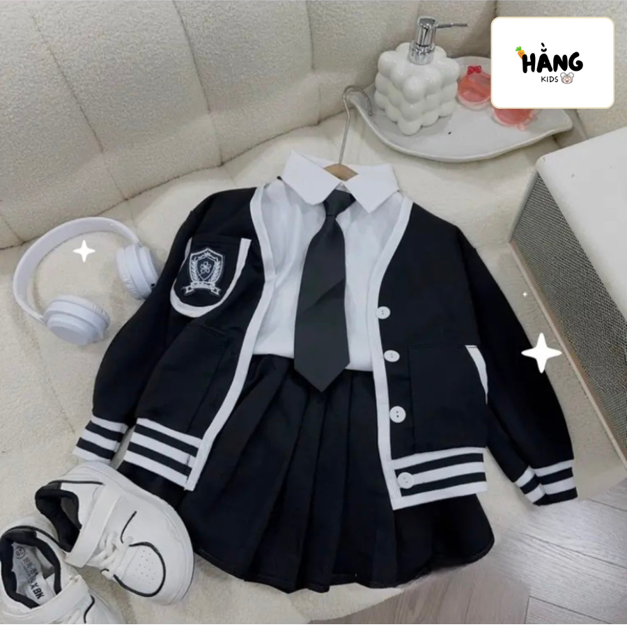 Bộ 4 chi tiết: Áo khoác, sơ mi, chân váy kèm cà vạt cho bé gái siêu xinh