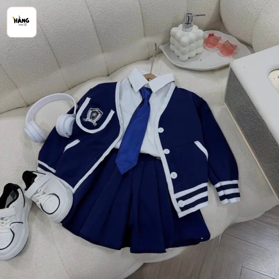 Bộ 4 chi tiết: Áo khoác, sơ mi, chân váy kèm cà vạt cho bé gái siêu xinh
