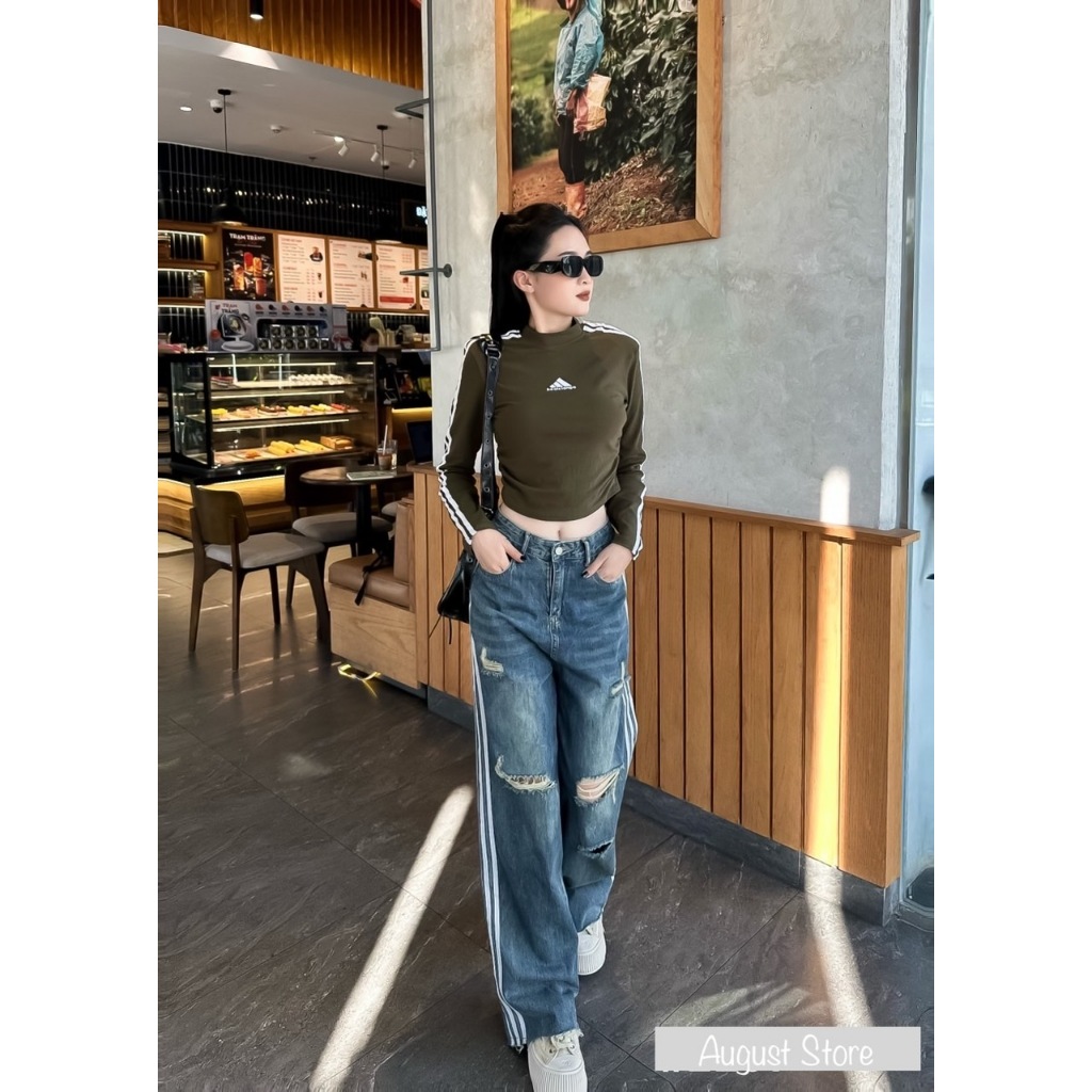Quần Jean Nữ Suông Rách Lưng Cạp Cao Ống Rộng Kẻ Sọc Thể Thao