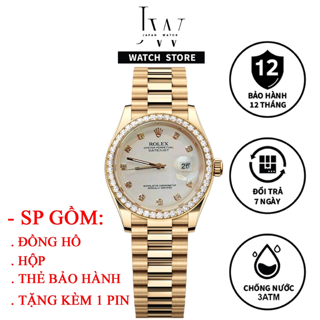 Đồng Hồ Nữ Rolex JAPAN WATCH Mặt Tròn Viền Đính Đá Thiết Kế Quai Thép Không Gỉ Chống Nước Màu Vàng