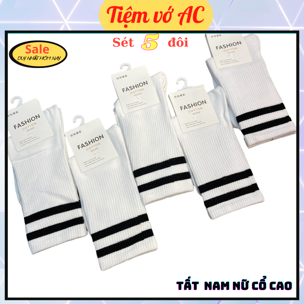 Tất trắng nữ cổ cao 18 cm sét 5 đôi hoạ tiết 2 vạch T20