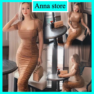 đầm body nhún dáng dài tay ngắn 2 dây có mút ngực dày dặn M1018