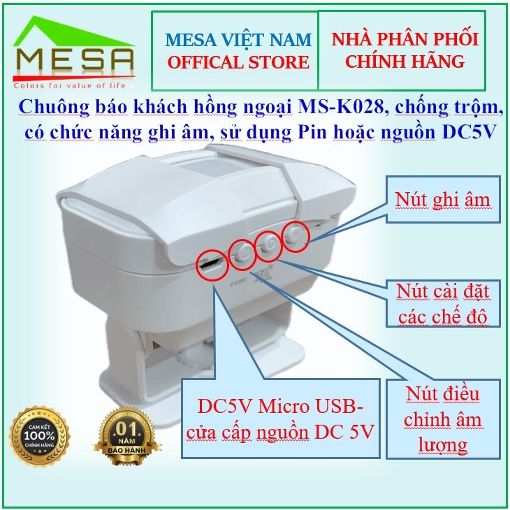 Chuông cửa báo khách MS-K028, thông minh, Chống Trộm, có giọng nói tiếng Việt - Ghi âm thay đổi nhạc chuông