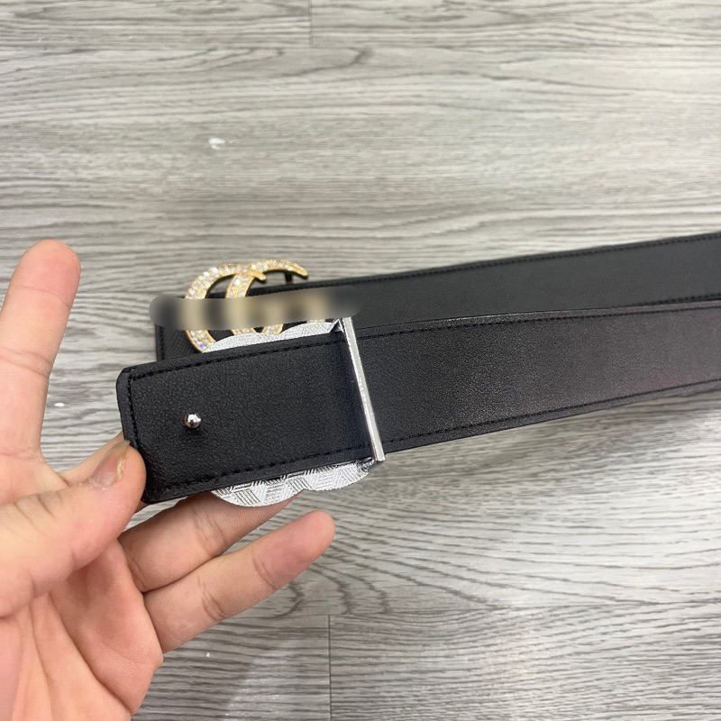 Thắt lưng da nam da PU dây đen sần mặt đúc chữ đính đá vàng bạc kiểu dáng đơn giản sang trọng TL12P