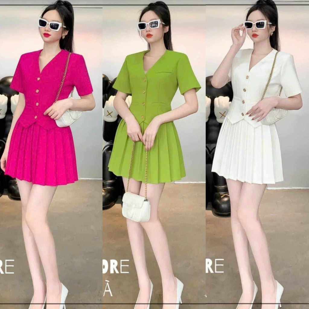 Sét Đồ Nữ áo cài nút trơn tiểu thư sang trọng, váy xếp ly dự tiệc tinh tế