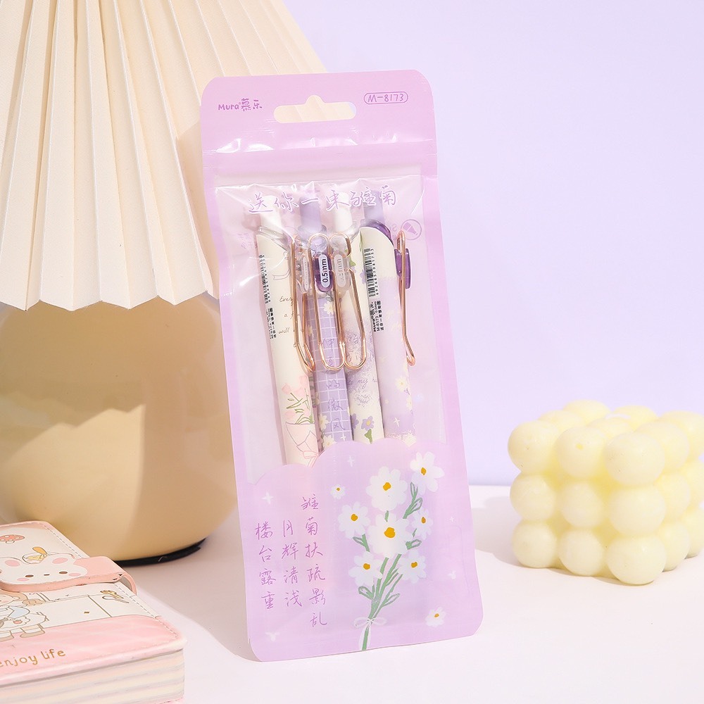 Bút Mura Gel Đen Purple Daisy/ M-8173 có thanh cài, đệm tay êm