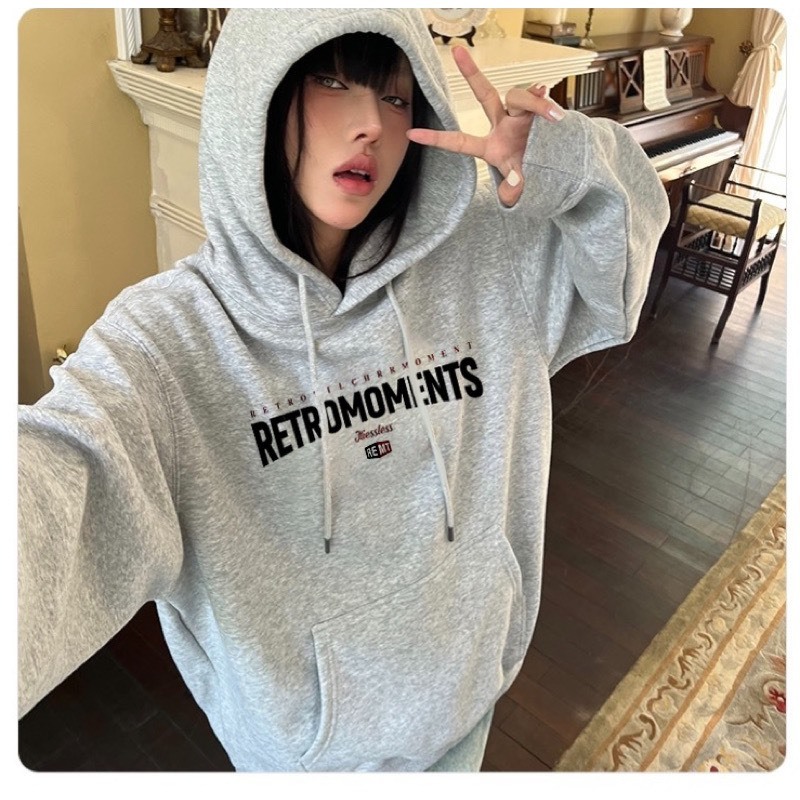 Áo Hoodie Nỉ In Chữ RETROMOMENTS Form Rộng Mũ Trùm Vải Nỉ Cotton Cao Cấp