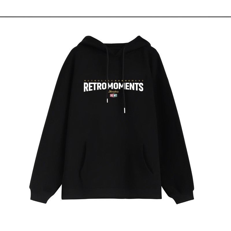 Áo Hoodie Nỉ In Chữ RETROMOMENTS Form Rộng Mũ Trùm Vải Nỉ Cotton Cao Cấp