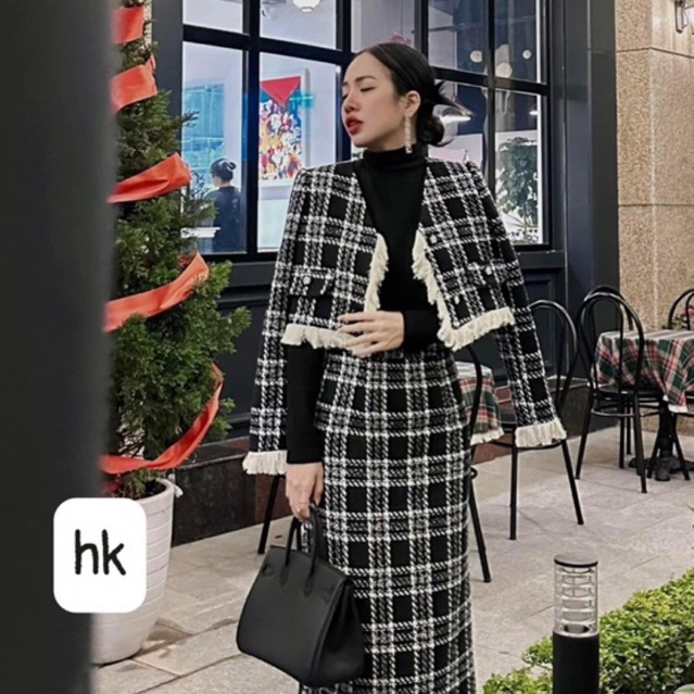 Sét dạ nữ dáng dài sang chảnh dạ ép mùng kẻ caro hàng loại 1 shop HK DESIGN
