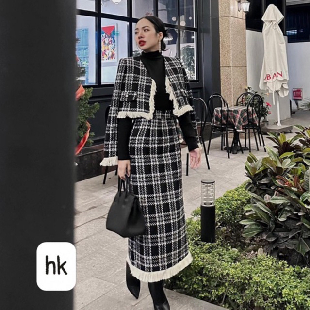 Sét dạ nữ dáng dài sang chảnh dạ ép mùng kẻ caro hàng loại 1 shop HK DESIGN