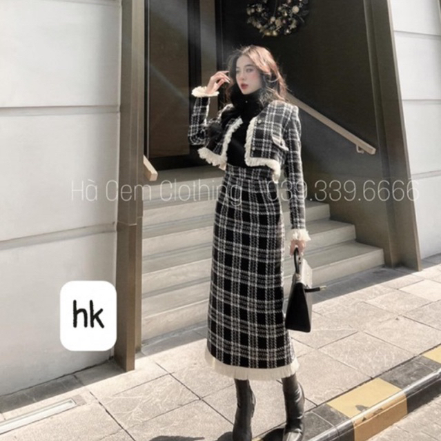 Sét dạ nữ dáng dài sang chảnh dạ ép mùng kẻ caro hàng loại 1 shop HK DESIGN