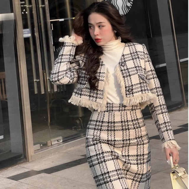 Sét dạ nữ dáng dài sang chảnh dạ ép mùng kẻ caro hàng loại 1 shop HK DESIGN