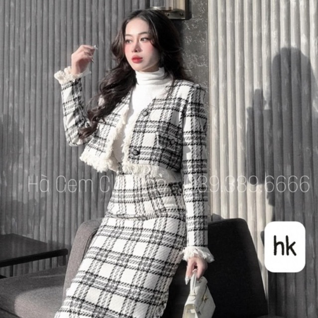 Sét dạ nữ dáng dài sang chảnh dạ ép mùng kẻ caro hàng loại 1 shop HK DESIGN