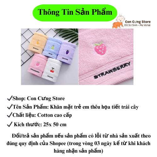 Khăn Mặt Cho Bé Thêu Họa Tiết Trái Cây Size 25x50cm, Chất Liệu Cotton Cao Cấp,Thấm Hút Tốt A162