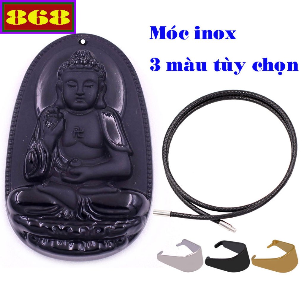 Mặt dây chuyền Phật A di đà đá đen kèm vòng cổ dây cao su đen + móc inox - Phật bản mệnh, mặt dây chuyền